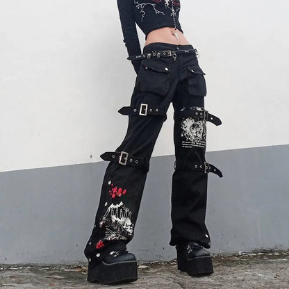 E-girl Gothic Black Cargo Pants Capri Women Low Waist Jeans Long Trousers Y2K Grunge Vintage Hip Hop Punk Harajuku Streetwear