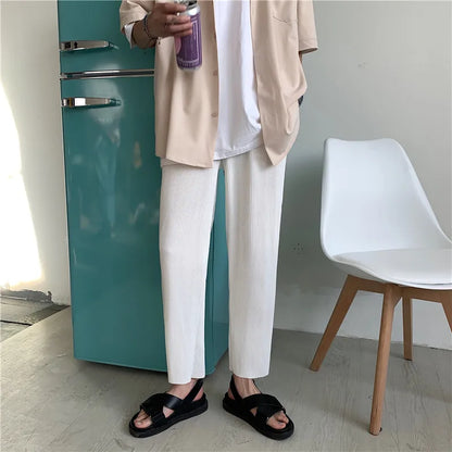 Korean version Pleated Straight Pants Men's NEW Fashion Elastic Waist Casual Pants Men Streetwear Ice Silk Trousers Mens Pants