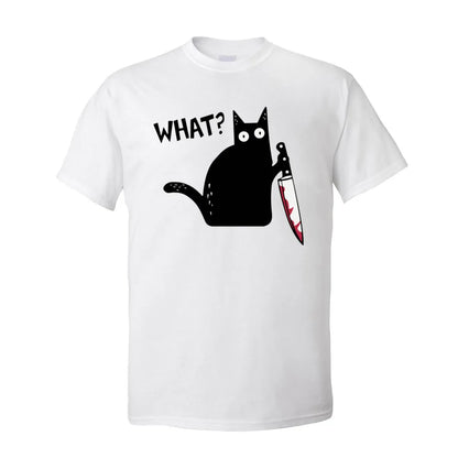 Crazy Funny Cat T Shirt WHAT BLACK CAT HOLDING KNIFE Guys Tshirt Summer Tee Shirt Short Sleeve 100% Cotton O-Neck Men T-Shirt