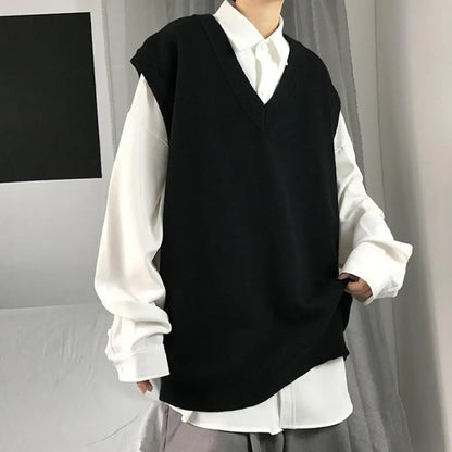 Men Sweater Vest V Neck Solid Color Sleeveless All Match Spring Sweater for School Male Pullovers Men's Clothing Streetwear