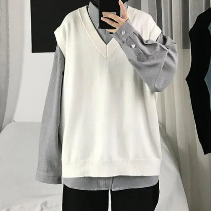 Men Sweater Vest V Neck Solid Color Sleeveless All Match Spring Sweater for School Male Pullovers Men's Clothing Streetwear