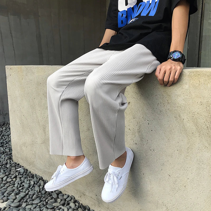 Korean version Pleated Straight Pants Men's NEW Fashion Elastic Waist Casual Pants Men Streetwear Ice Silk Trousers Mens Pants