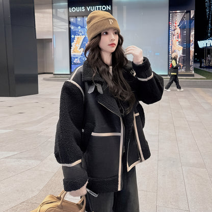 Black Fur One Lamb Fur Short Outwear Women Thickened Winter New Arrival Fancy Loose Petite Cotton-Padded Coat