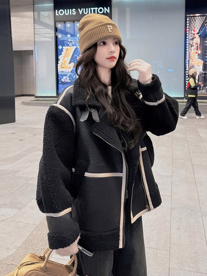 Black Fur One Lamb Fur Short Outwear Women Thickened Winter New Arrival Fancy Loose Petite Cotton-Padded Coat