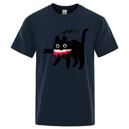 The Killer Cat With A Knife In Its Mouth Tshirts Men Women Summer Cotton Half Sleeve Oversized Loose Cotton Street Tee Shirt