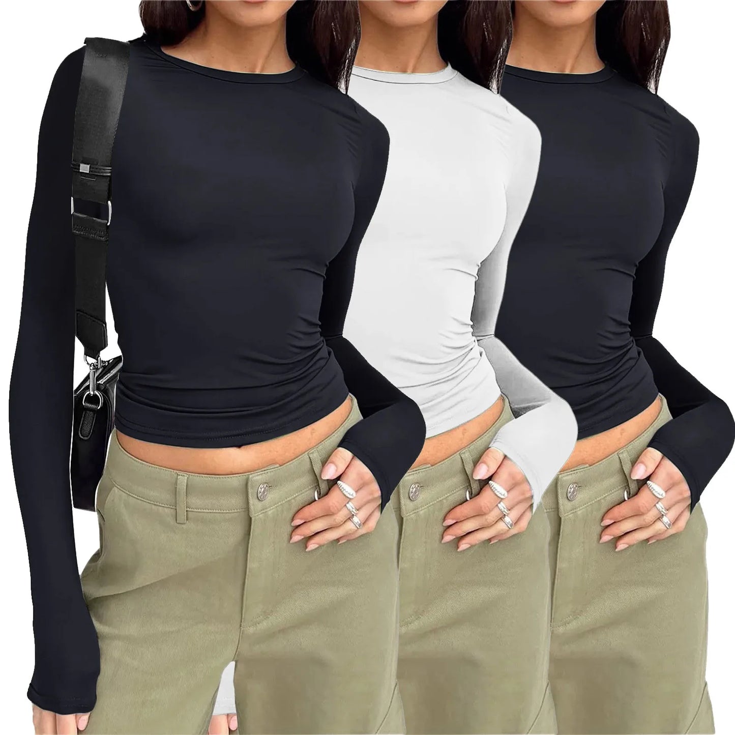 3 Piece Set Basic T Shirts Women Long Sleeve Shirts Tops Slim Fit Summer New Fashion Crop Tops Bottom Shirts Streetwear Tops