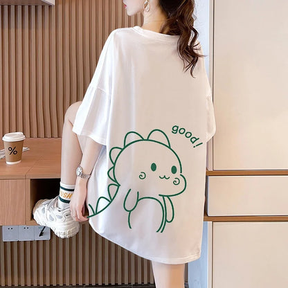 Women Cotton T-shirt Dinosaur Print Tshirt Summer Short Sleeve Graphic T Shirts Tops Casual Female Clothing Ladies Anime Blouse