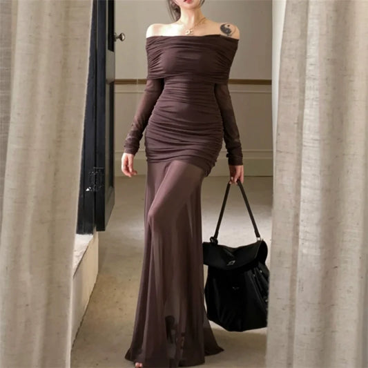 Women Long Sleeve Off Shoulder Coffee Long Dress New Spring Slash Neck Mesh Patchwork Dress Strapless Pleated Pencil Party Dress