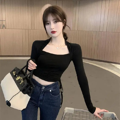 Sexy Y2K T-shirt Woman Winter Autumn Long Sleeve Crop Top V-neck Basic Skinny Tee Shirt Femme Korean Fashion Clothes