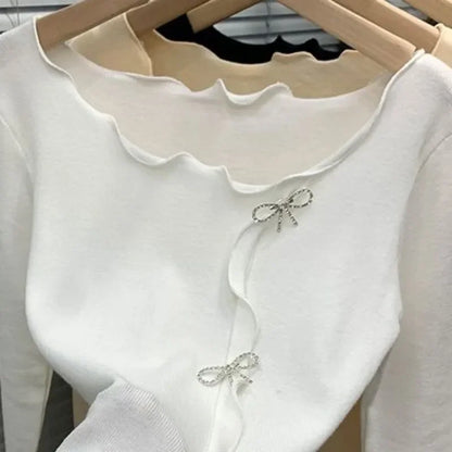 2024 New Autumn Winter Korean Sweet Long Sleeve Sweaters Top Ruffles Design Bows Decoration Women Clothing Pullovers