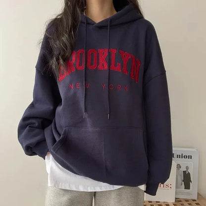 Letter Print Women Sweatshirt 2024 New Warm Full Sleeve Hoodies Ladies Streetwear Winter Pullovers Loose Clothes Hooded Pocket