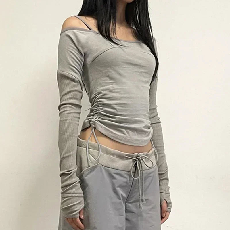 Solid Patchwork Crop Top Bandage Asymmetrical T Shirt Women Full Skeeve Korean Harajuku Tee Casual Stylish Autumn 90s