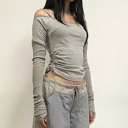 Solid Patchwork Crop Top Bandage Asymmetrical T Shirt Women Full Skeeve Korean Harajuku Tee Casual Stylish Autumn 90s