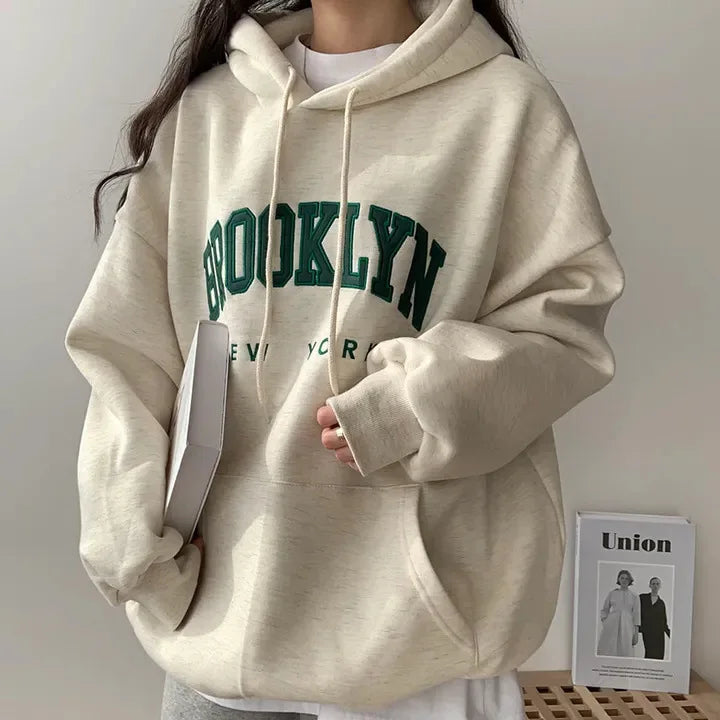 Letter Print Women Sweatshirt 2024 New Warm Full Sleeve Hoodies Ladies Streetwear Winter Pullovers Loose Clothes Hooded Pocket