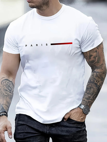 Men's 100% Polyester summer loose PARIS Creative Letter print casual slim fit round neck short sleeved T-shirt top