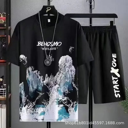 Tshirt Casual Ice Silk Gradient Short Men Sleeve T-shirt Shorts Set Men's Summer Sporty Two-piece Outfit Stylish Male Clothing