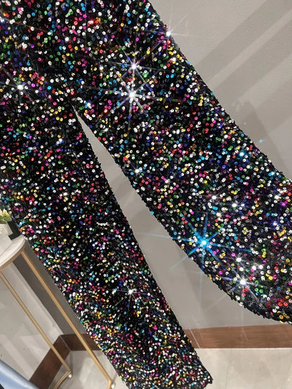 2024 Spring Street Style New Suede Sequin High Waist Straight Pants Slim Pants Women's Sparkling Wide Leg Pants