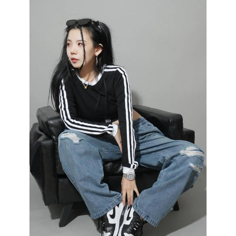 Hikigawa Chic Fashion Women Y2k Long Sleeve T-Shirt Jazz Sports Cropped Striped Contrast Color Slim Streetwear Casual Top Mujer