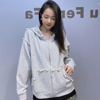 This year's popular super good-looking gray pearl hoodie coat female 2024 autumn new loose casual cardigan top