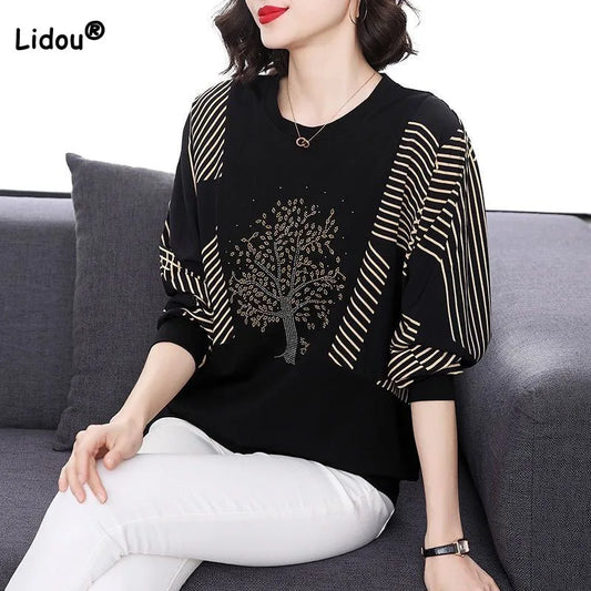 Fashion Loose Diamonds Spliced Pullovers T-shirt Spring Korean All-match Long Sleeve Solid Printed Tops Women's Clothing