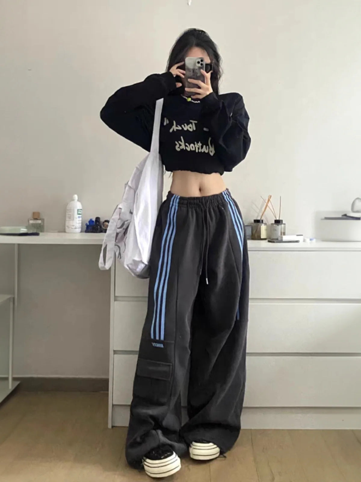 MEXZT Oversized Striped Sweatpants Women Y2K Streetwear Cargo Pants Harajuku Wide Leg Joggers High Waist Baggy Sports Trousers