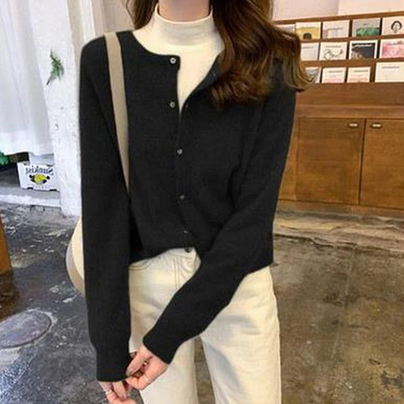 Korean Round Neck Knitted Cardigan Women Autumn Winter Simple Single Breasted Sweaters Woman Solid Color Long Sleeve Cardigans