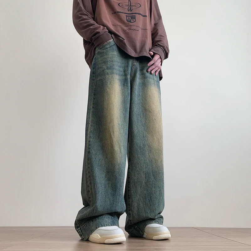 Distressed Vintage Blue Jeans Pants Men Wide-leg Denim Trousers Male Oversize Streetwear Fashion Casual Baggy Straight Jeans