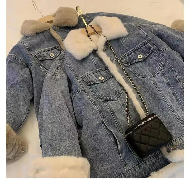 Jean Jacket For Women Autumn And Winter New Retro Lamb Wool Casual Loose bf Plush Thick Casual Style Overcome Women Denim Coat