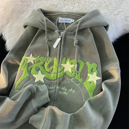 Corduroy Embroidery Loose Hoodies Women Autumn Long Sleeve Tops Zipper Hood Shirt Harajuku Y2K Clothes Female Sweatshirt Jacket