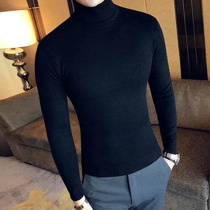 Mens Turtleneck Sweaters Winter Warm Knit Pullover Korean Cotton Solid Color Casual Slim Sweater Male Clothing Bottoming Shirt