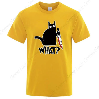 WHAT? Knife Cat Print Men's Women T-Shirt anime graphics Oversized TShirts Casual Loose Casual Male Tees Tops Clothing