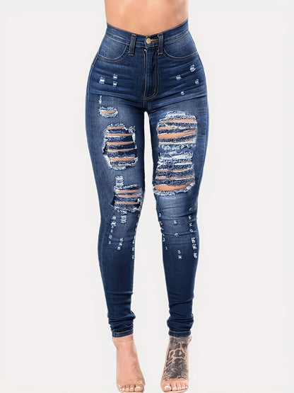 Blue Ripped Holes Skinny Jeans, Distressed High Waist Slim Fit Slash Pockets Denim Pants, Women's Denim Jeans & Clothing