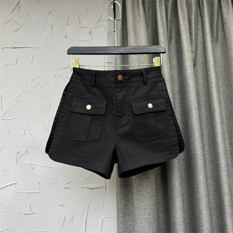 Rose Red High Waist denim Shorts 2023 Summer Fashion Split Thin Button All-Match A-line Wide-Leg Cargo Pants Femal Solid Jeans