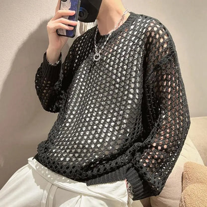 Mesh Fishnet Men Hollow Top Solid Color Round Neck Loose Long Sleeve Men T-shirt Hip Hop See-through Elastic Pullover Party Top