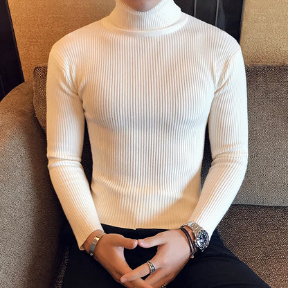 Mens Turtleneck Sweaters Winter Warm Knit Pullover Korean Cotton Solid Color Casual Slim Sweater Male Clothing Bottoming Shirt