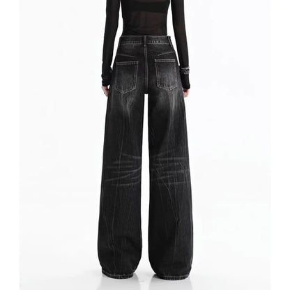 Y2K Black Women's Jeans Fashion Streetwear Casual Vintage Baggy Straight 2024 NEW Printing Denim Trouser Mom Wide Leg Pants