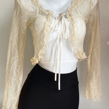 Shirts Women Lace New Summer Sunscreen French Style Cropped Designed Sweet Gentle Elegant Office Lady Sexy Popular Chic Vintage