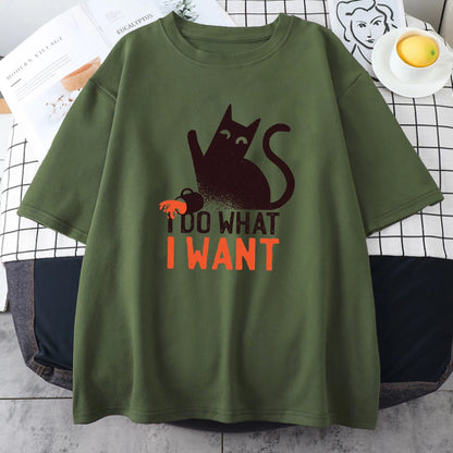 Funny Black Cat Anime I Do What I Want Mans Tops Oversize Trend Tee Clothing Creativity Casual Cotton T-Shirts Men Short Sleeve