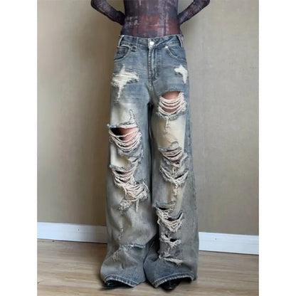 Womens Jeans High Waist Vintage Straight Y2K Summer Denim Pants Streetwear American Style Ripped Wide Leg Baggy Denim Trouser