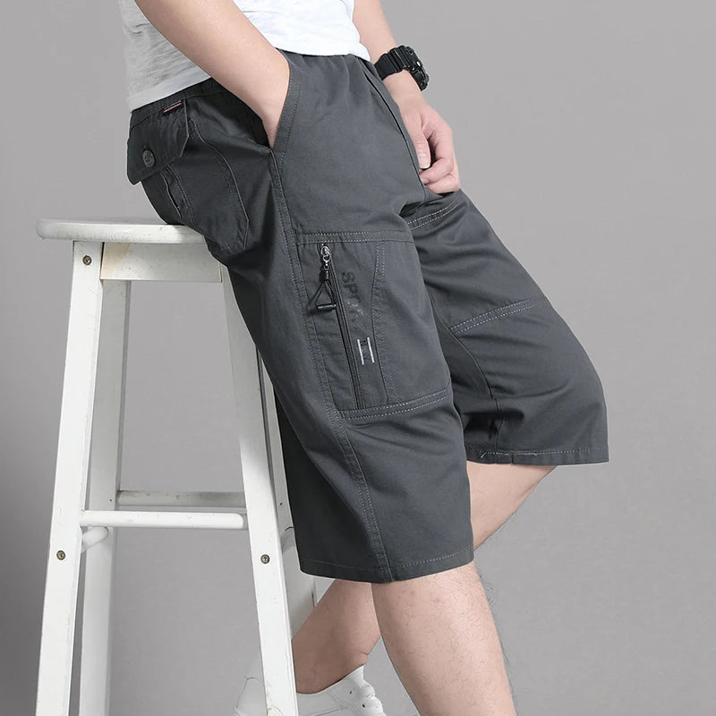 Mens Cargo Shorts Knee Pants Zipper Pocket Summer Cotton Shorts Climbing Jogger Elastic Waist Sports Wear