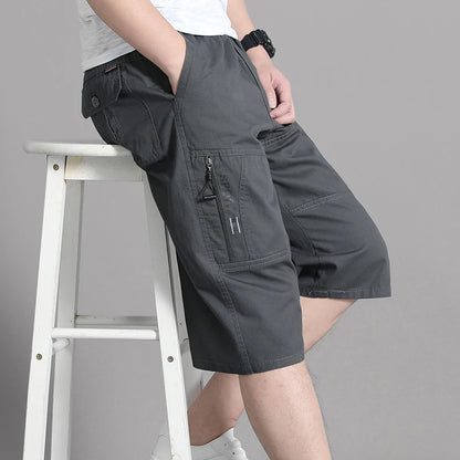 Mens Cargo Shorts Knee Pants Zipper Pocket Summer Cotton Shorts Climbing Jogger Elastic Waist Sports Wear