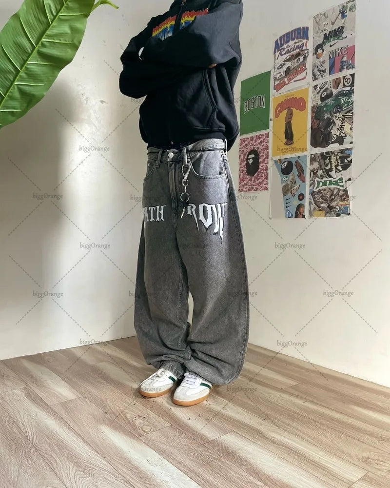 2024 American Retro Striped Washed Baggy Jeans Women Y2K Harajuku Street Hip Hop Anime Print Trend Straight Wide Leg Pants Men