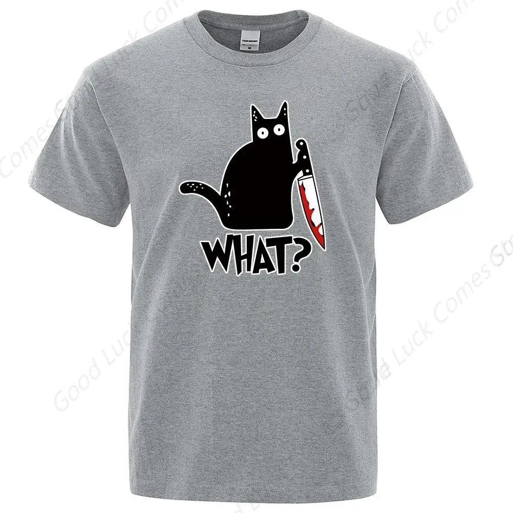 WHAT? Knife Cat Print Men's Women T-Shirt anime graphics Oversized TShirts Casual Loose Casual Male Tees Tops Clothing