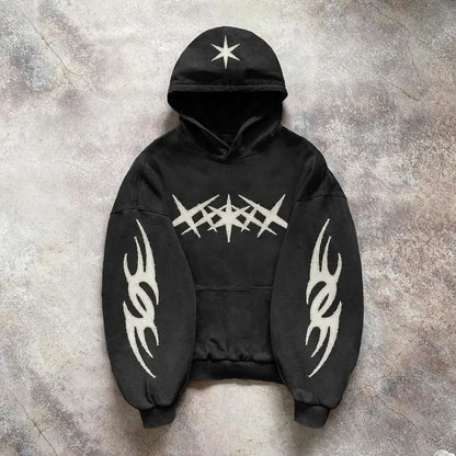 Gothic Black Star Patchwork Hoodie Men Clothing Oversized Loose Fashion Embroidered Hooded Pullover Y2K Harajuku Sweatshirt Tops