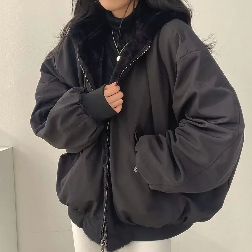 Women Parkas Coat Korean Thick Warm Coats Solid Zipper Hooded Loose Jacket Casual Full Sleeve Regular Splice Pockets Winter