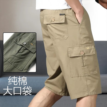 Mens Cargo Shorts Knee Pants Zipper Pocket Summer Cotton Shorts Climbing Jogger Elastic Waist Sports Wear