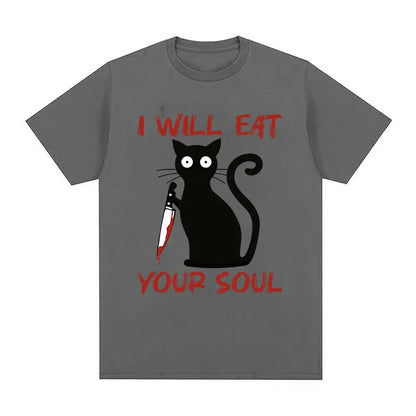 I Will Eat Your Soul Black Cat Horror Blood with Knife Funny Meme T Shirt Men Women Retro Harajuku Oversized Cotton Tshirts Tops