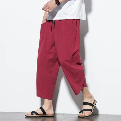 2024 Summer Men's Pants Chinese Style Cotton Linen Harem Pants Men Breathable Beach Pants Casual Calf-Lenght Trousers Streetwear