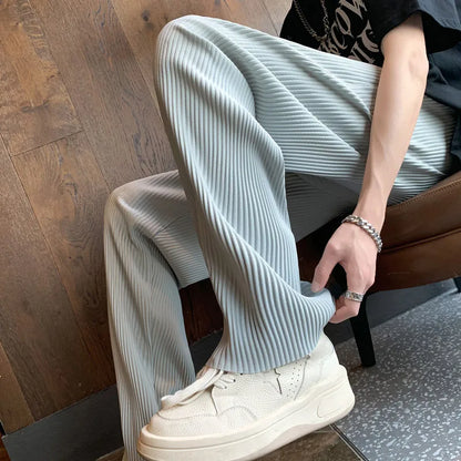 Summer Casual Pants Men Black Gray Ice Silk Pants Men Japanese Streetwear Hip-hop Loose Straight Trousers Mens Pleated Pants