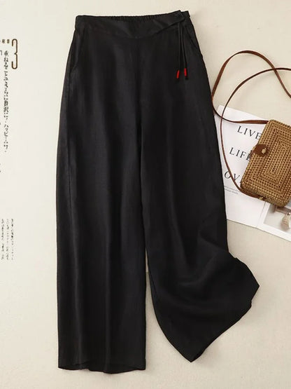 Retro Artistic Summer Wide Leg Pants Women Elastic High Waist Cotton and Linen Casual Pants Loose Straight Yellow Women's Pants